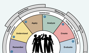 This diagram shows how the 3 learning taxonomies discussed overlap with one another. The inner ring (in colour) lists the 6 stages of Bloom's taxonomy: Remember, Understand, Apply, Analyze, Create and Evaluate. Surrounding this ring is a white ring showing the 3 stages of the University of Alberta's continuum of learning activities: exposure (overlapping with Bloom's stages "remember" and "understand"); immersion (overlapping with Bloom's stages "apply" and & "analyze"); and integration/ practice reading (overlapping with Bloom's stages "create" and "evaluate"). The outermost rings (in grey) show the stages of Miller's pyramid: knows (overlapping with Bloom's stages"remember" and "understand"), knows how (overlapping with Bloom's stages "understand" and "apply"), shows how (overlapping with Bloom's stages "apply", "analyze" and "create"), and does/is (overlapping with Bloom's stages "create" and "evaluate").